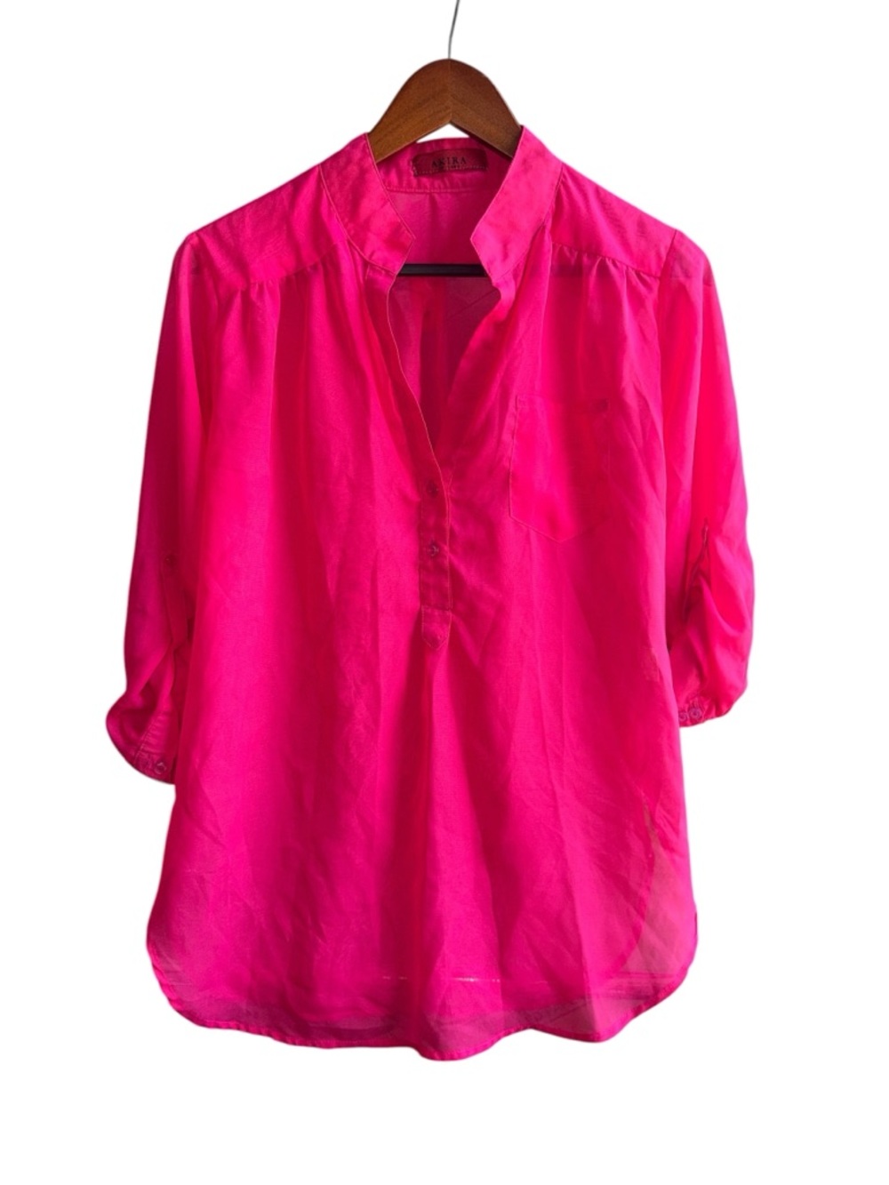 AKIRA Bright Pink V-Neck Roll-Sleeve Blouse